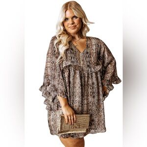 Women’s brown snake animal print crinkle 1X plus above‎ the knee baby doll dress